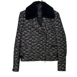 Belstaff Jacket Size Small Black White Wool Blend Shearling Collar Moto
